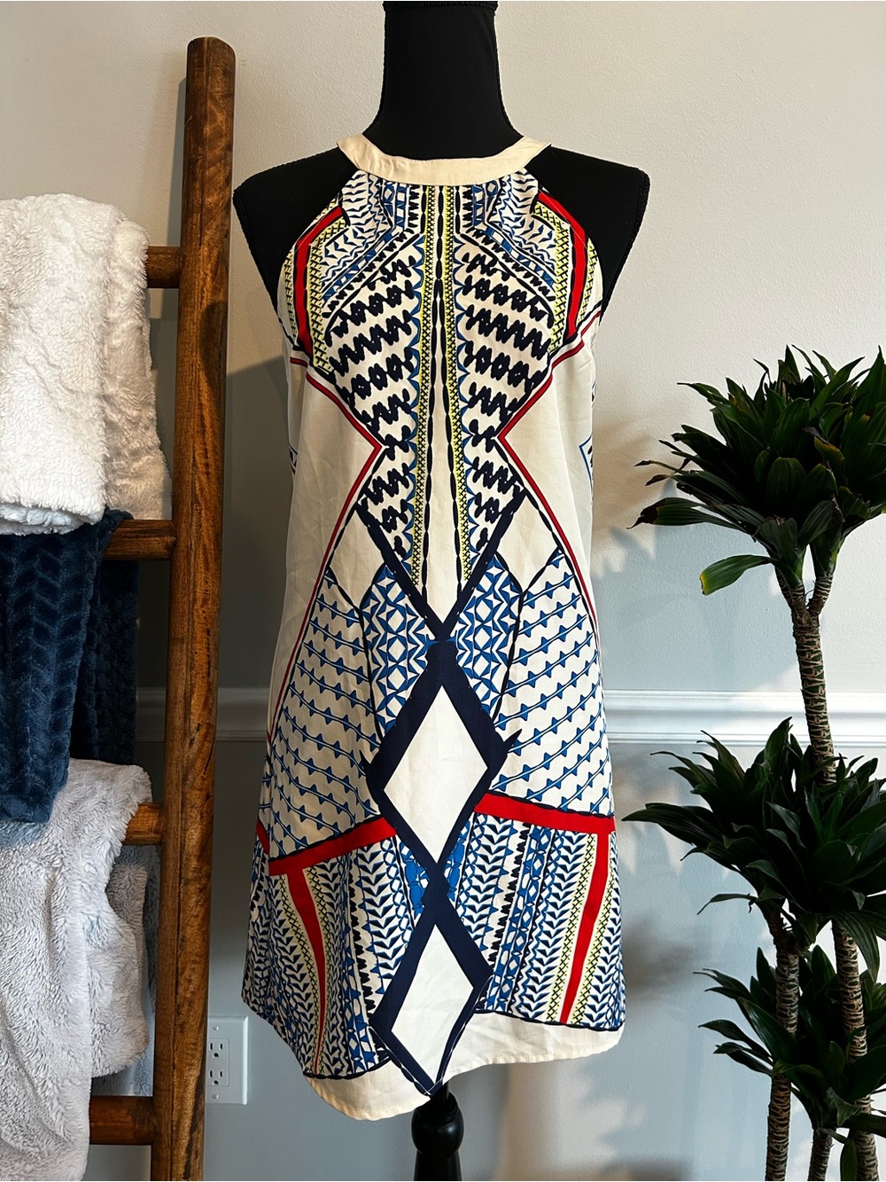 VENUS Cream Halter Shift Dress with Navy & Red Geometric Print Size Small